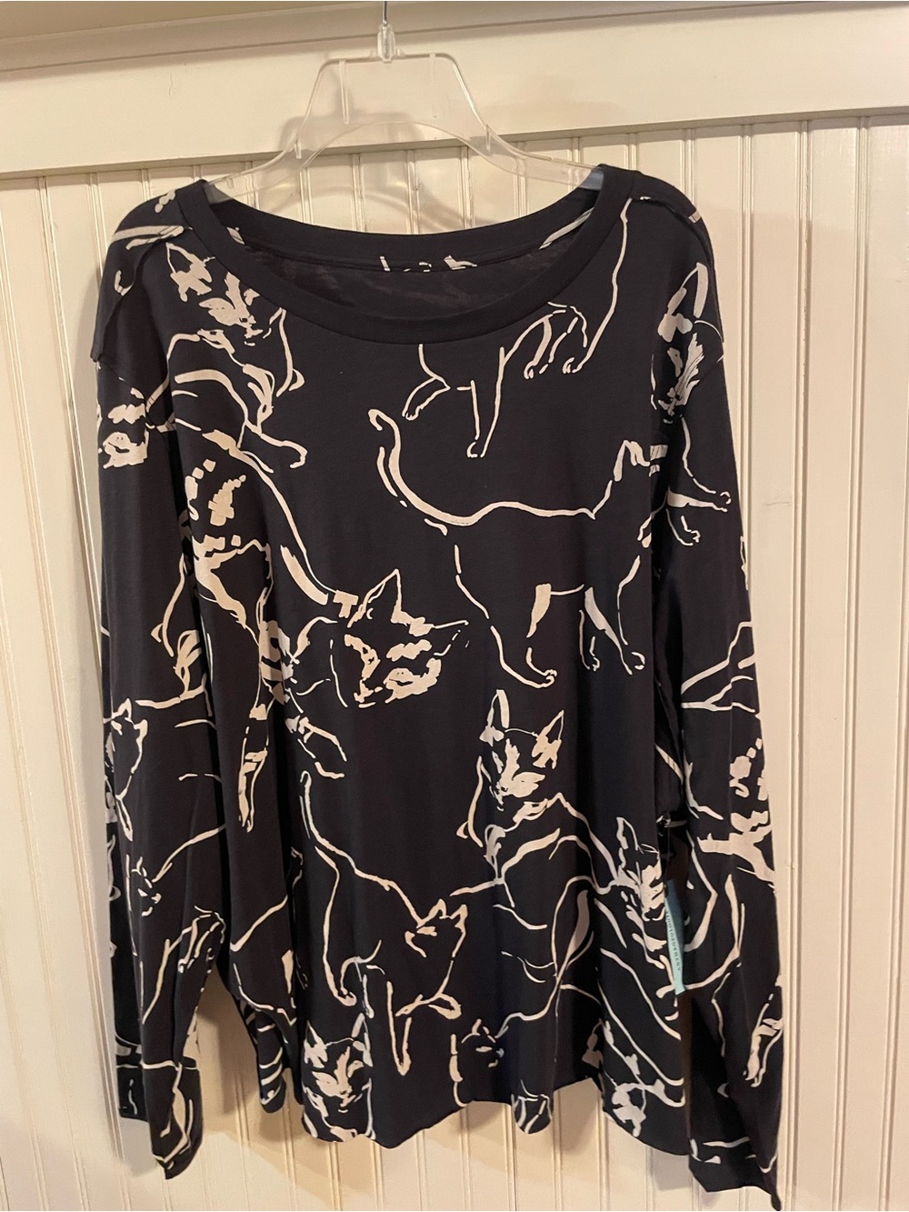 Women's Long-Sleeve Navy Blue Cat Print Top